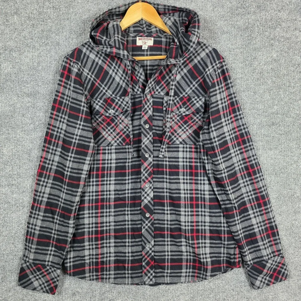True Religion Shirt Mens SZ M Plaid Hooded Button Up Y2K Grunge SkaterLogo